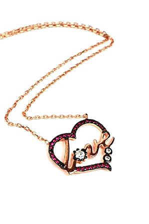 Love yazılı pembe zirkon taşlı gümüş rose kolye