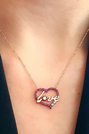 Love yazılı pembe zirkon taşlı gümüş rose kolye