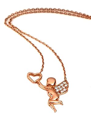 Aşk meleği figürlü gümüş rose kolye