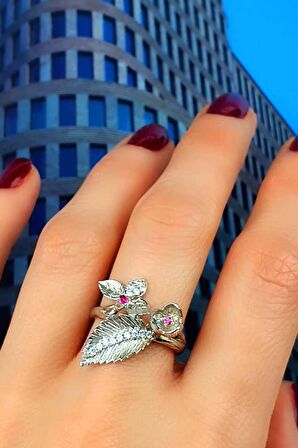 Çiçek figürlü gümüş el işi tasarım yüzük 