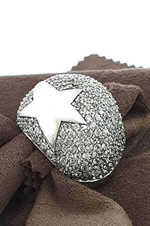 Zirkon taşlı gümüş lüks bombeli yıldız figürlü tasarım yüzük