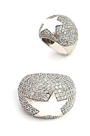 Zirkon taşlı gümüş lüks bombeli yıldız figürlü tasarım yüzük