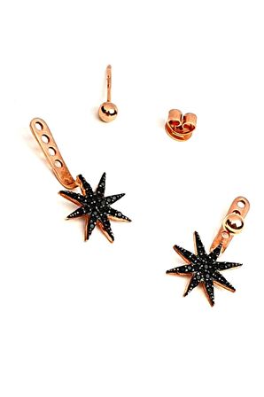 Kutup yıldızı figürlü oniks taşlı gümüş rose earcuff cift küpe