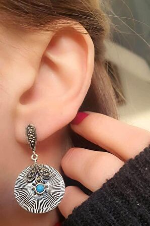 Turkuaz taşlı markazit taş detaylı gümüş küpe