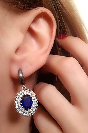 Lacivert zirkon taşlı gümüş otantik küpe