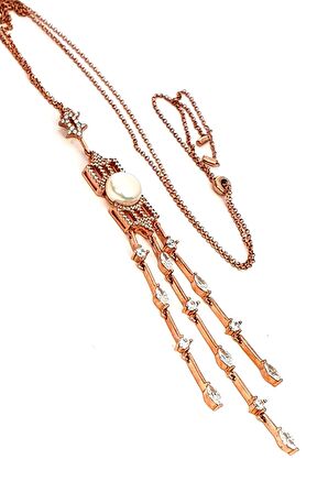 İtalyan tasarımı zirkon taşlı gümüş rose kolye zinciri asansörlü