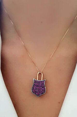 Cift taraflı kullanılabilir pembe zirkon taşlı gümüş kilit kısmı hareketli  tasarım kolye