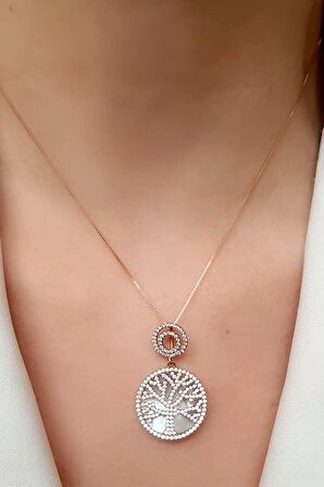 Sedef uzerine zirkon taş detaylı gümüş rose hayat ağacı kolye