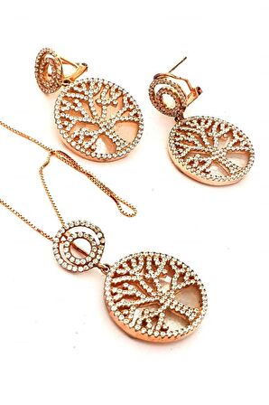 İtalyan tasarımı sedef üzerine zirkon taşlı hayat ağacı tasarım gümüş rose takı seti 