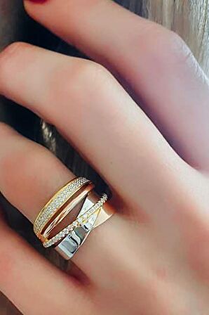 altın işçiliğinde italyan tasarımı gümüş üzerine rose altın kaplama zirkon taş detaylı 3 renk yüzük 