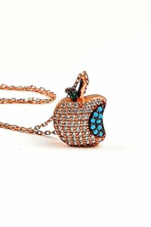 Turkuaz ve zirkon taş detaylı gümüş rose elma kolye