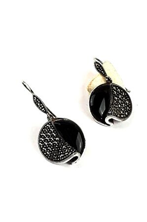 Oniks taşlı markazit taş detaylı gümüş küpe