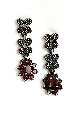 Granat taş detaylı markazit taşlı gümüş küpe