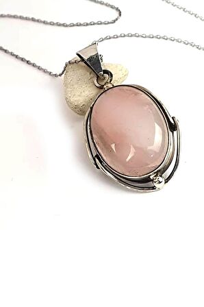 Doğal pembe kuvars taşlı el işi tasarım gümüş kolye