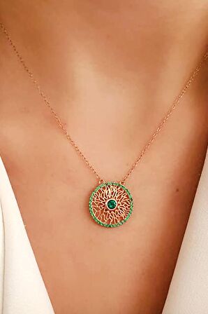 Yeşil zirkon taşlı gümüş rose kolye 