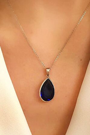 Lacivert zirkon taşlı gümüş lüks damla kolye