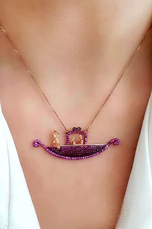 Pembe zirkon taşlı tasarım aşk gondolu gümüş rose kolye