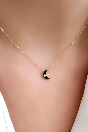 Siyah mineli ay figürlü gümüş rose minimal kolye 
