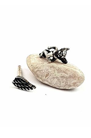 Melek kanadı ve Melek figürlü gümüş ikili tek küpe kombin 