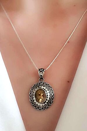 tasarım el işi doğal sitrin taşlı gümüş kolye