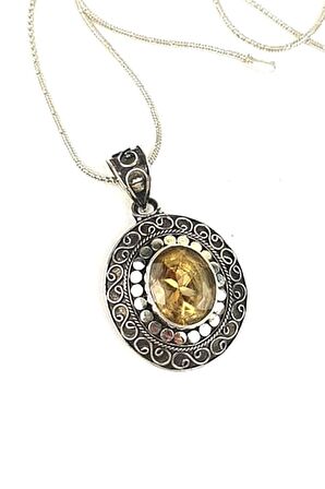 tasarım el işi doğal sitrin taşlı gümüş kolye