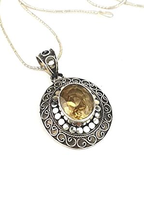 tasarım el işi doğal sitrin taşlı gümüş kolye