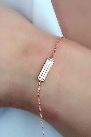 Zirkon taşlı gümüş rose minimal plaka bileklik 