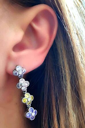 İtalyan tasarımı renkli zirkon taşlı gümüş çiçek küpe