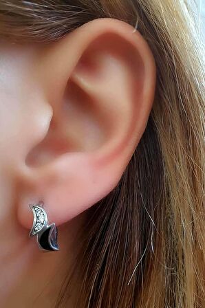 Siyah mineli zirkon taş detaylı gümüş halka küpe cap 1 cm