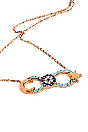 Ay yıldız ve nazar boncuklu sonsuzluk figürlü gümüş rose kolye 