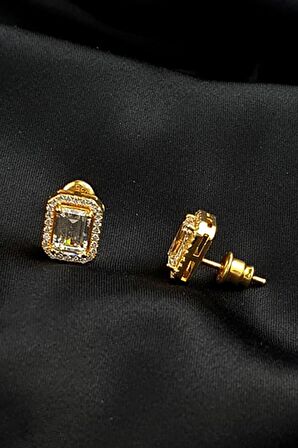 Skydiamond taşlı gümüş üzerine altın kaplama tek taş dikdörtgen küpe