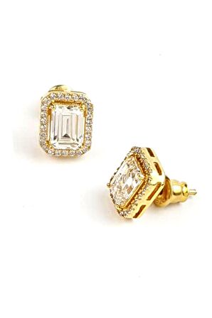 Skydiamond taşlı gümüş üzerine altın kaplama tek taş dikdörtgen küpe