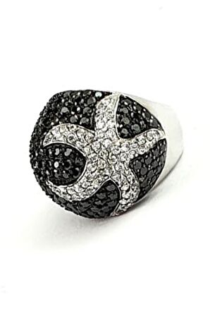 Oniks taşlı zirkon taş işlemeli deniz yıldızı detaylı italyan tasarımı gümüş bombeli lüks yüzük 