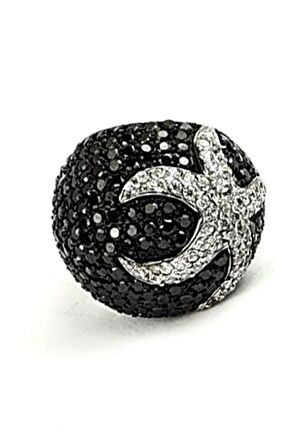 Oniks taşlı zirkon taş işlemeli deniz yıldızı detaylı italyan tasarımı gümüş bombeli lüks yüzük 