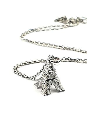 Eyfel kulesi figürlü pırlanta ışıltısında zirkon taşlı gümüş minimal tasarım kolye