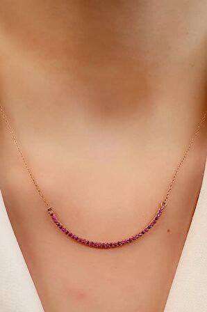 Fuşya pembe zirkon taşlı gümüş rose yay kolye