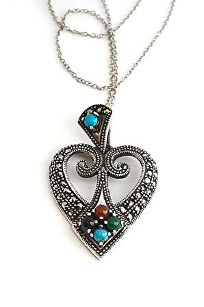 Turkuaz oniks ve akik taşlı markazit taş detaylı gümüş kalp kolye