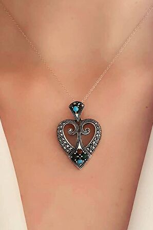 Turkuaz oniks ve akik taşlı markazit taş detaylı gümüş kalp kolye