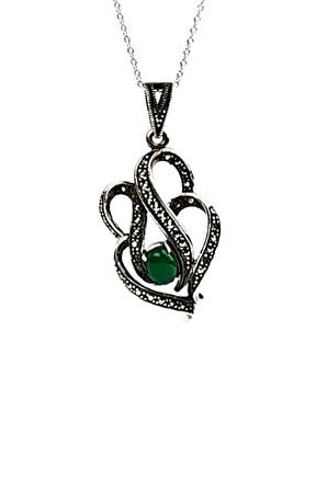 Yeşil akik taşlı markazit taş detaylı gümüş tasarım kolye 