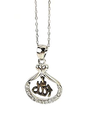 Zirkon taş detaylı Allah yazılı gümüş kolye