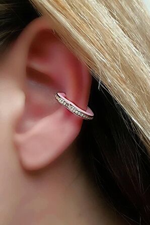 Pembe mineli zirkon taş detaylı gümüş rose neon kalp sıkıştırmalı kıkırdak küpesi 