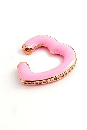 Pembe mineli zirkon taş detaylı gümüş rose neon kalp sıkıştırmalı kıkırdak küpesi 