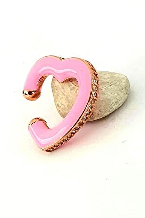 Pembe mineli zirkon taş detaylı gümüş rose neon kalp sıkıştırmalı kıkırdak küpesi 