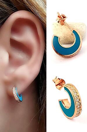 Turkuaz mineli zirkon taş detaylı gümüş minimal yarım halka küpe