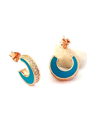 Turkuaz mineli zirkon taş detaylı gümüş minimal yarım halka küpe