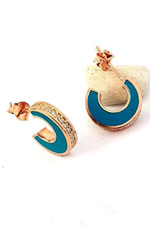 Turkuaz mineli zirkon taş detaylı gümüş minimal yarım halka küpe