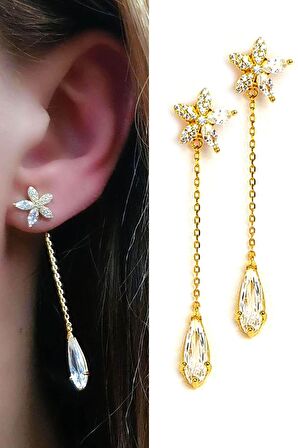 Pırlanta ışıltısında zirkon taşlı italyan tasarımı gümüş üzerine altın kaplama lüks earcuff manolya cift küpe