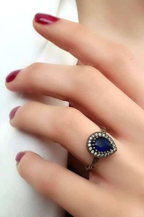 Lacivert zirkon taşlı gümüş otantik damla yüzük 