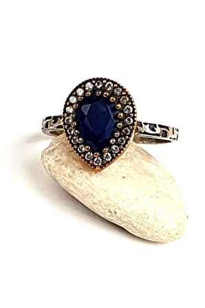 Lacivert zirkon taşlı gümüş otantik damla yüzük 