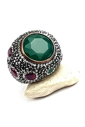 Kök zümrüt taşlı swarovski taş detaylı gümüş tasarım yüzük